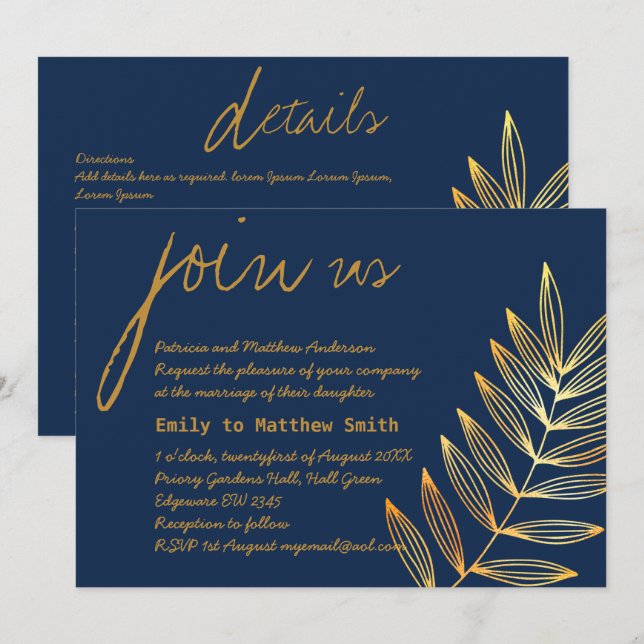 Blue Copper Leaf Wedding Invitation Modern Minimal (Front/Back)