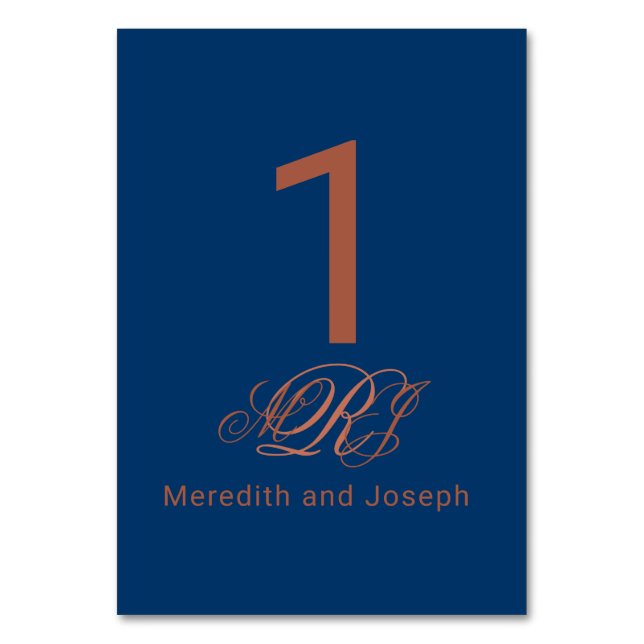 Blue Copper Monogram Elegant Script Wedding Table Number (Front)