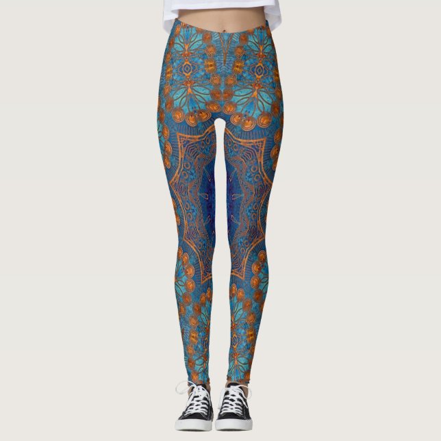 Blue Copper Pattern Yoga Gym Exercise Leggings (Front)