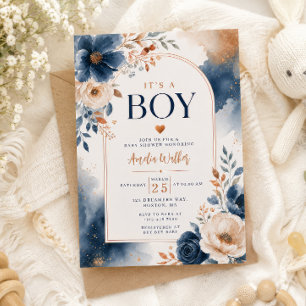 Blue & Copper Watercolor Baby Shower Invitation