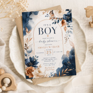 Blue & Copper Watercolor Baby Shower Invitation