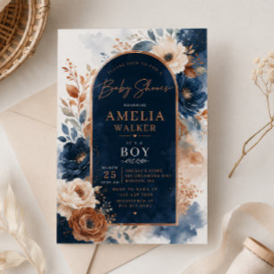 Blue & Copper Watercolor Baby Shower Invitation