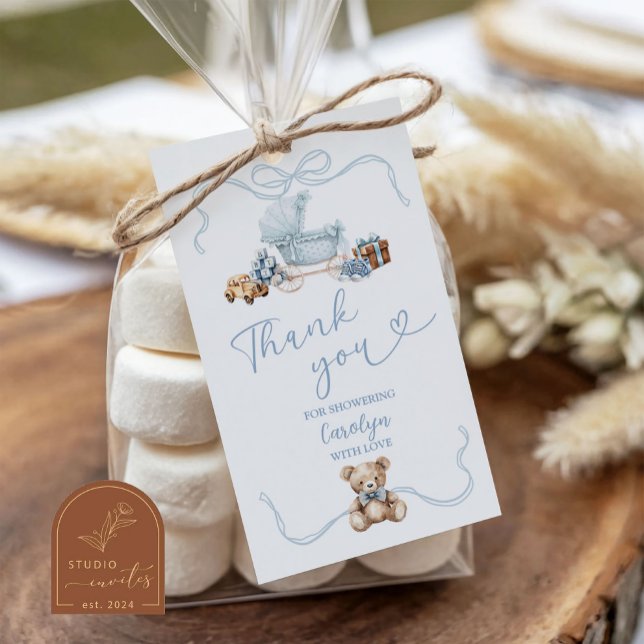Blue Coquette Baby Carriage Baby Shower Gift Tag (Creator Uploaded)