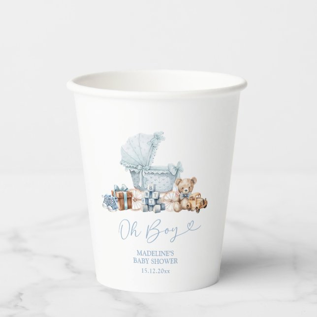 Blue Coquette Baby Carriage Baby Shower Paper Cups (Front)