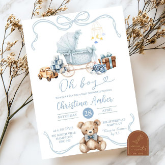 Blue Coquette Baby Carriage Boy Baby Shower Invitation