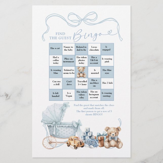 Blue Coquette Baby Carriage Find The Guest Bingo (Front)