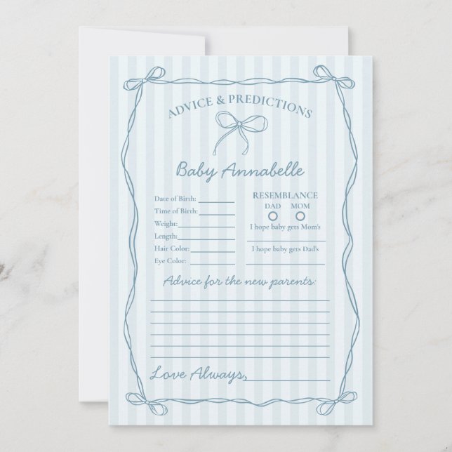 Blue Coquette Bow Advice for Baby Shower Card (Front)