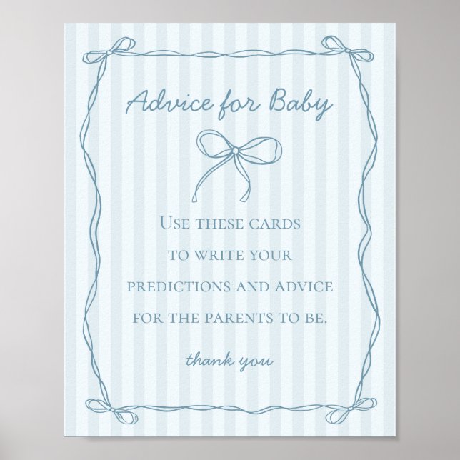 Blue Coquette Bow Advice for Baby Shower Game Poster (Front)