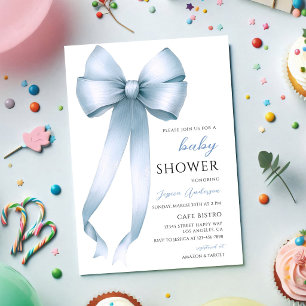 Blue Coquette Bow Baby Boy Shower Invitation