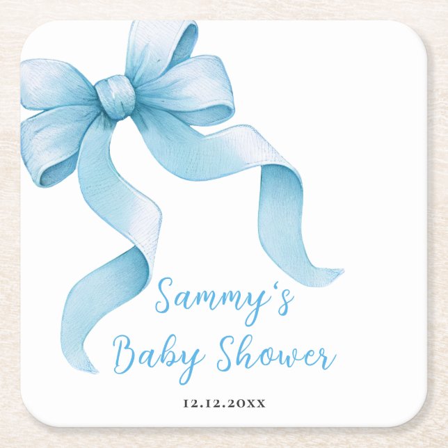 Blue Coquette Bow Baby Shower Square Paper Coaster (Front)
