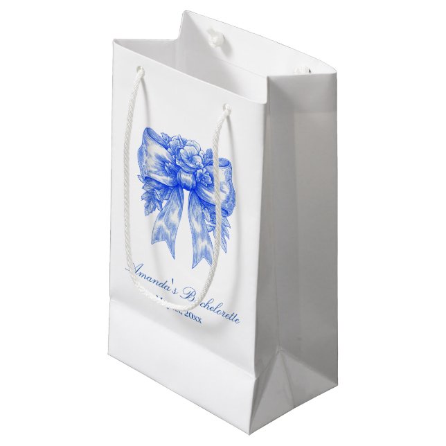 Blue Coquette Bow Bachelorette Party Gift Small Gift Bag (Front Angled)