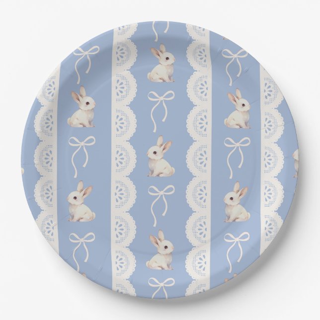 Blue Coquette Bow Bunny Lace Pattern Paper Plate (Front)