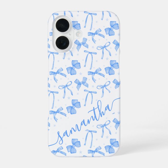 Blue Coquette Bow Custom Name  iPhone 16 Case (Back)