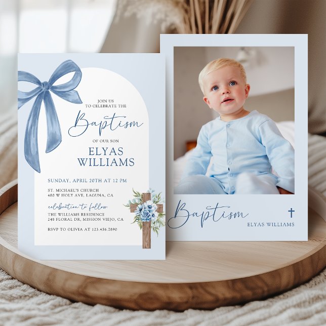 Blue Coquette Bow Floral Cross Boy Baptism Photo Invitation (Creator Uploaded)