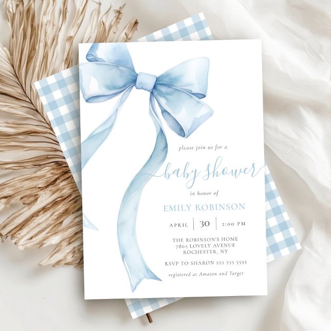 Blue Coquette Bow Gingham Boy Baby Shower Invitation (Creator Uploaded)