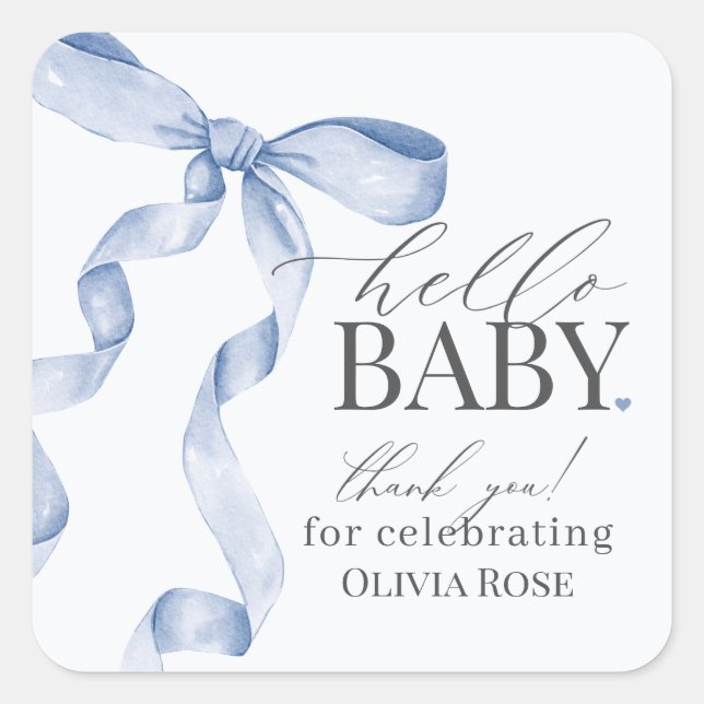 Blue Coquette Bow Girl Baby Shower Favour Square Sticker (Front)