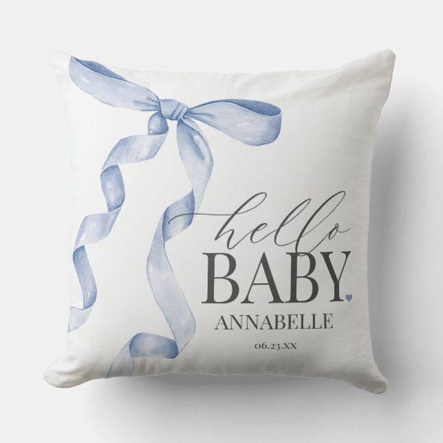 Blue Coquette Bow Girl Baby Shower Gift Cushion (Front)
