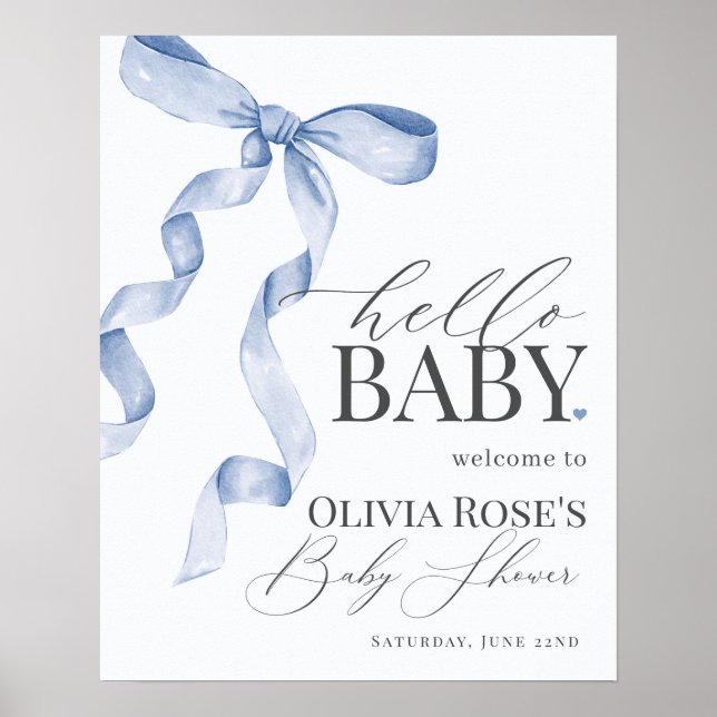 Blue Coquette Bow Girl Baby Shower Welcome Sign (Front)