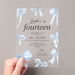 Blue Coquette Bow Girl Birthday Party Acrylic Invitations