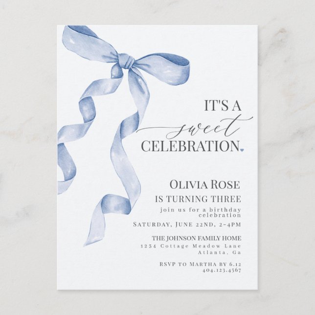 Blue Coquette Bow Girl Birthday Party Invitation Postcard (Front)