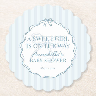 Blue Coquette Bow Pastel Baby Shower Paper Coaster