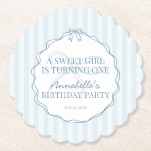 Blue Coquette Bow Pastel Birthday Party Paper Coaster