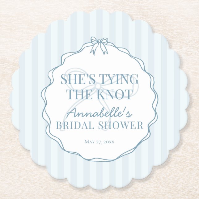 Blue Coquette Bow Pastel Bridal Shower Brunch Paper Coaster (Front)