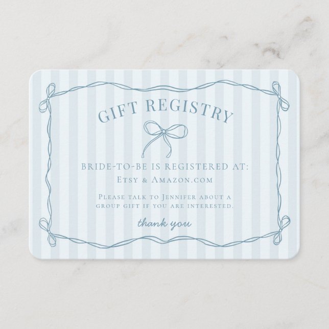 Blue Coquette Bow Pastel Bridal Shower Registry Enclosure Card (Front)