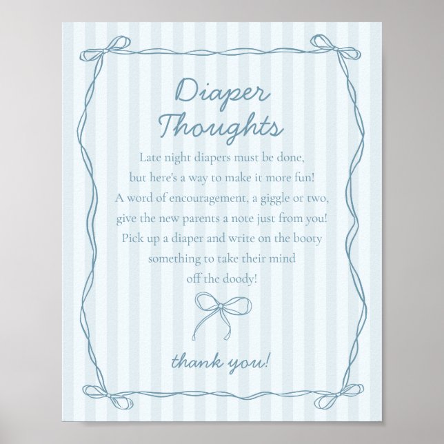 Blue Coquette Bow Pastel Diaper Thoughts Shower Poster (Front)