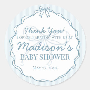 Blue Coquette Bow Pastel Striped Baby Shower Favor Classic Round Sticker