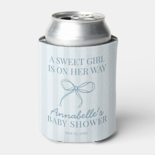 Blue Coquette Bow Pastel Striped Baby Shower Favou Can Cooler
