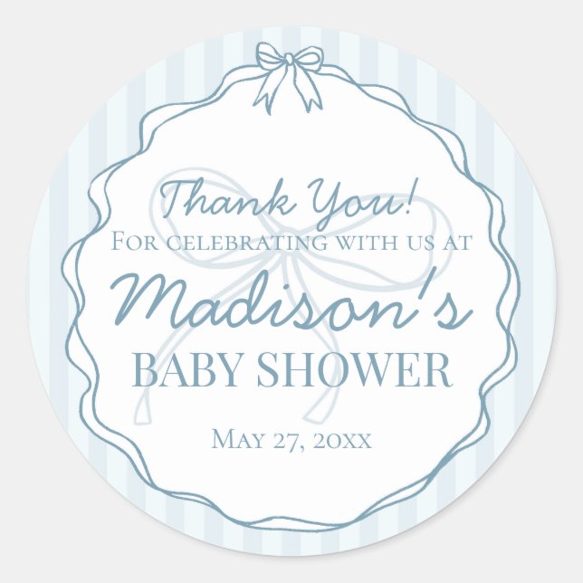 Blue Coquette Bow Pastel Striped Baby Shower Favou Classic Round Sticker (Front)