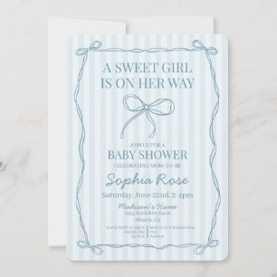 Blue Coquette Bow Pastel Striped Baby Shower Invitation