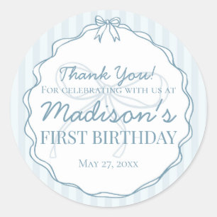 Blue Coquette Bow Pastel Striped Birthday Favor Classic Round Sticker