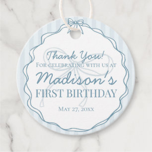 Blue Coquette Bow Pastel Striped Birthday Favour Tags