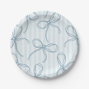 Blue Coquette Bow Pastel Striped Table Decor Paper Plate