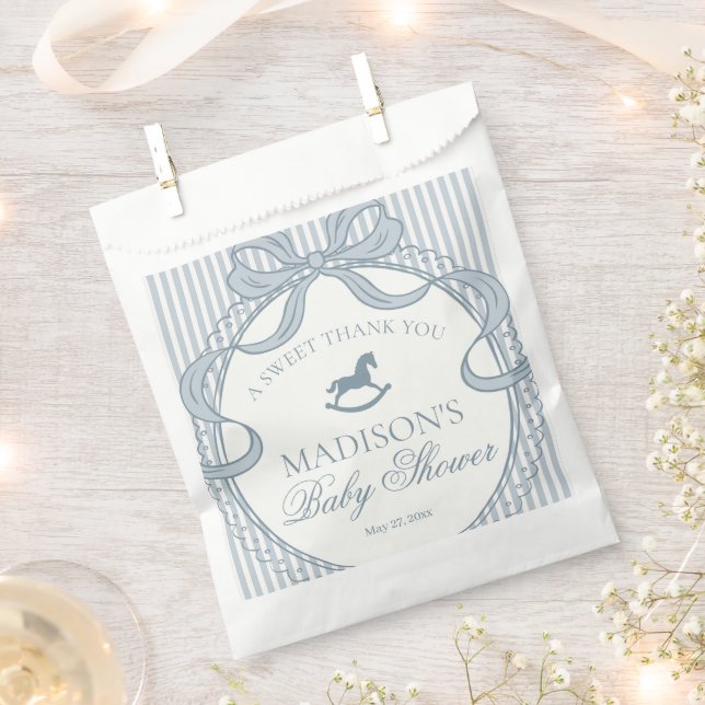 Blue Coquette Bow Rocking Hors Baby Shower Dessert Favour Bags (Clipped)