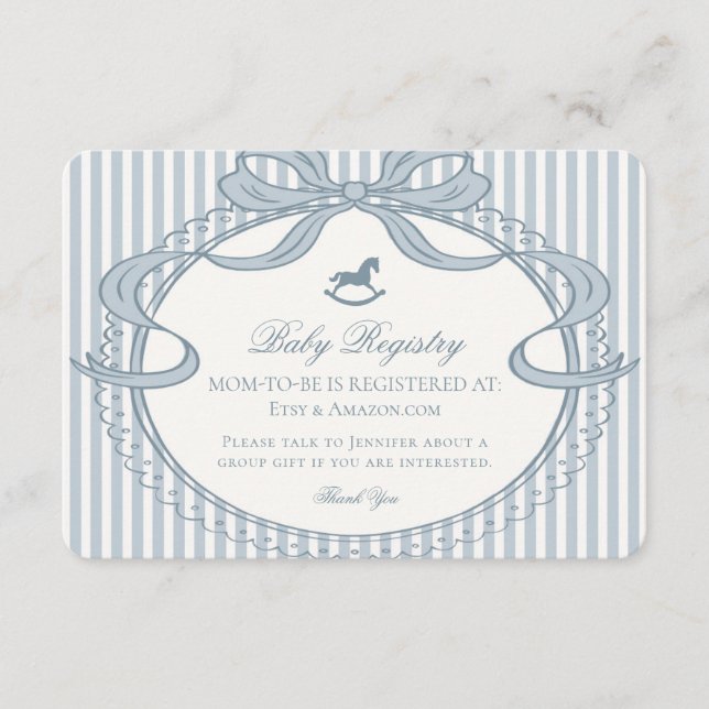 Blue Coquette Bow Rocking Horse Baby Registry Enclosure Card (Front)