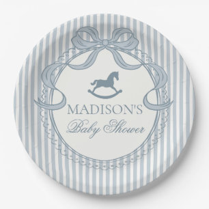 Blue Coquette Bow Rocking Horse Baby Shower Paper Plate