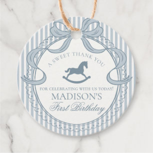 Blue Coquette Bow Rocking Horse Birthday Circle Favour Tags