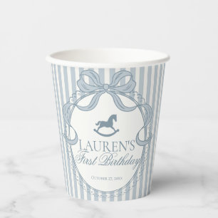 Blue Coquette Bow Rocking Horse Birthday Party Paper Cups