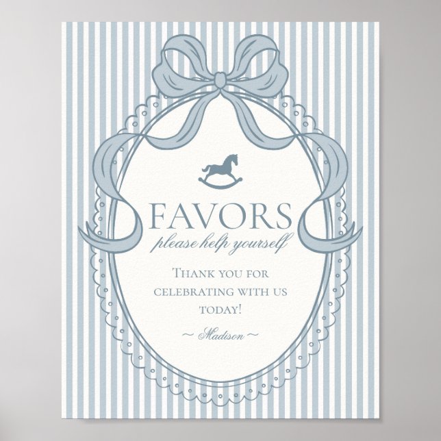Blue Coquette Bow Rocking Horse Stripe Favors Sign (Front)