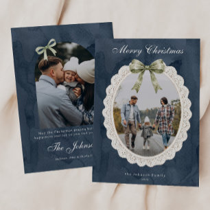 Blue Coquette Bow Scalloped Lace Frame Arch Photo Holiday Card