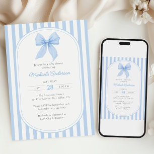 Blue Coquette Bow Striped Boy Baby Shower Invitation