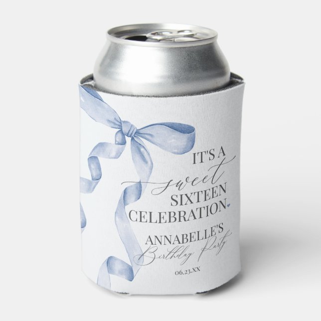 Blue Coquette Bow Sweet 16 Birthday Party Favours Can Cooler (Can Front)