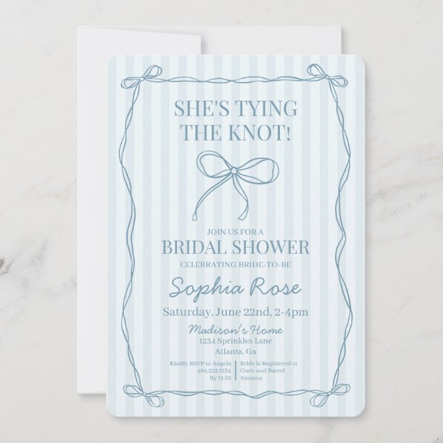 Blue Coquette Bow Tying the Knot Bridal Shower Invitation (Front)