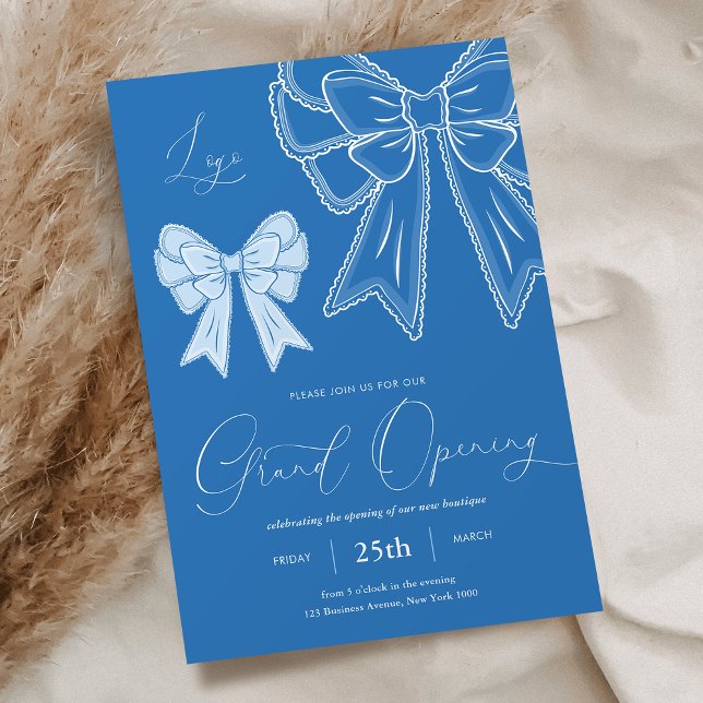Blue Coquette Bows Elegant Grand Opening Business Invitation (Modern dusty blue coquette bows business grand opening invitation)