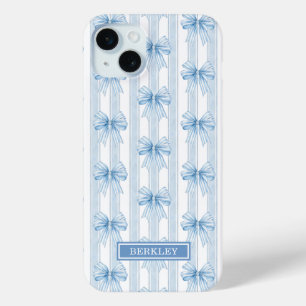 Blue Coquette Bows on Stripes Monogrammed iPhone 15 Mini Case