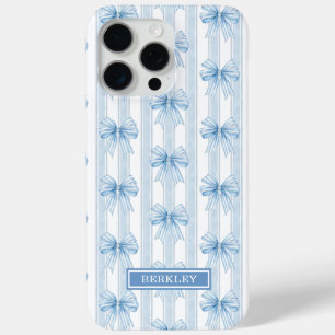 Blue Coquette Bows on Stripes Monogrammed iPhone 15 Pro Max Case