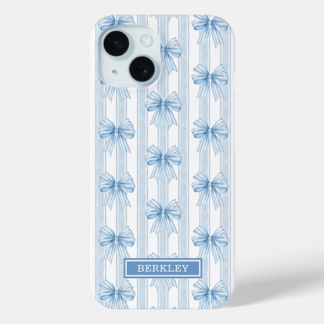 Blue Coquette Bows on Stripes Monogrammed Case-Mate iPhone Case (Back)